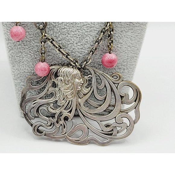 10. Vintage Art Nouveau Glass Silver Tone Lady Pendant Necklace (A304) - Picture 1 of 7